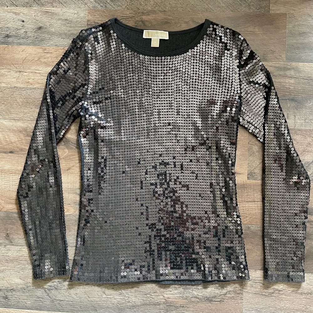 MICHAEL Michael Kors Total Sequin Gray Derby Long Sleeve Shirt size Medium